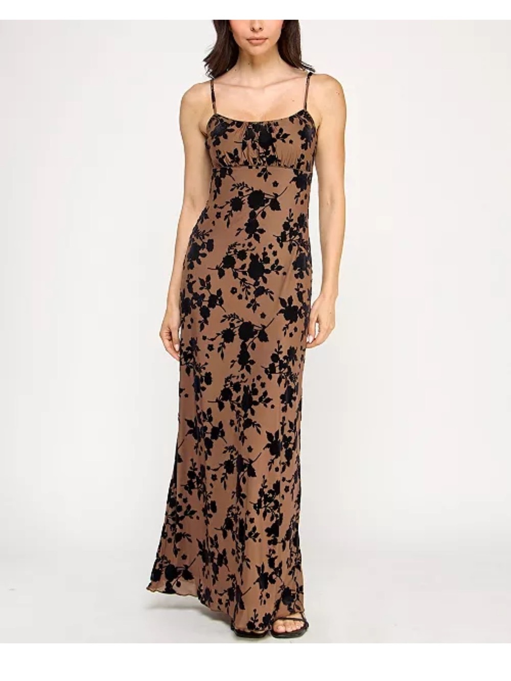 ROW A Brown Dress Velvet Black Floral Detail - Fall Wedding Guest Dress